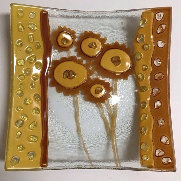 ETERNO Fused Art Glass Trinket Tray Dish Studio Handmade MCM Mod Sunflowers Gold - Picture 7 of 12